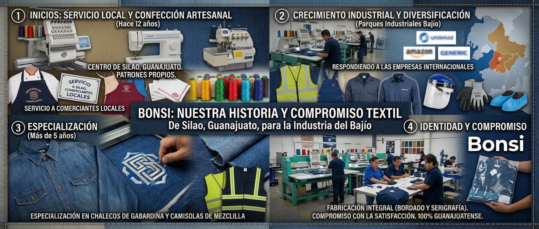 Historia de Camisolas Industriales (Bonsi) en Silao, Guanajuato: inicios y confección artesanal, crecimiento industrial, especialización en chalecos y camisolas, e identidad 100% guanajuatense